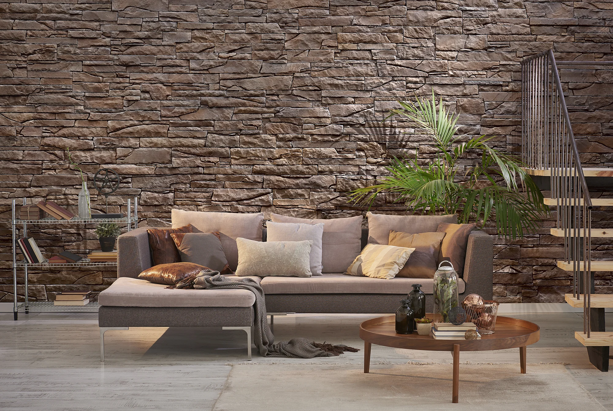 Manufactured stone wall in a cosy living room